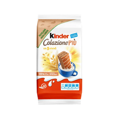 Kinder Colazione Più 5 Cereali 290 g, busta bianca e rossa con la merendina inzuppata nel latte