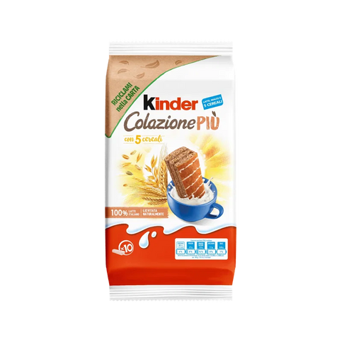 Kinder Colazione Più 5 Cereali 290 g, busta bianca e rossa con la merendina inzuppata nel latte