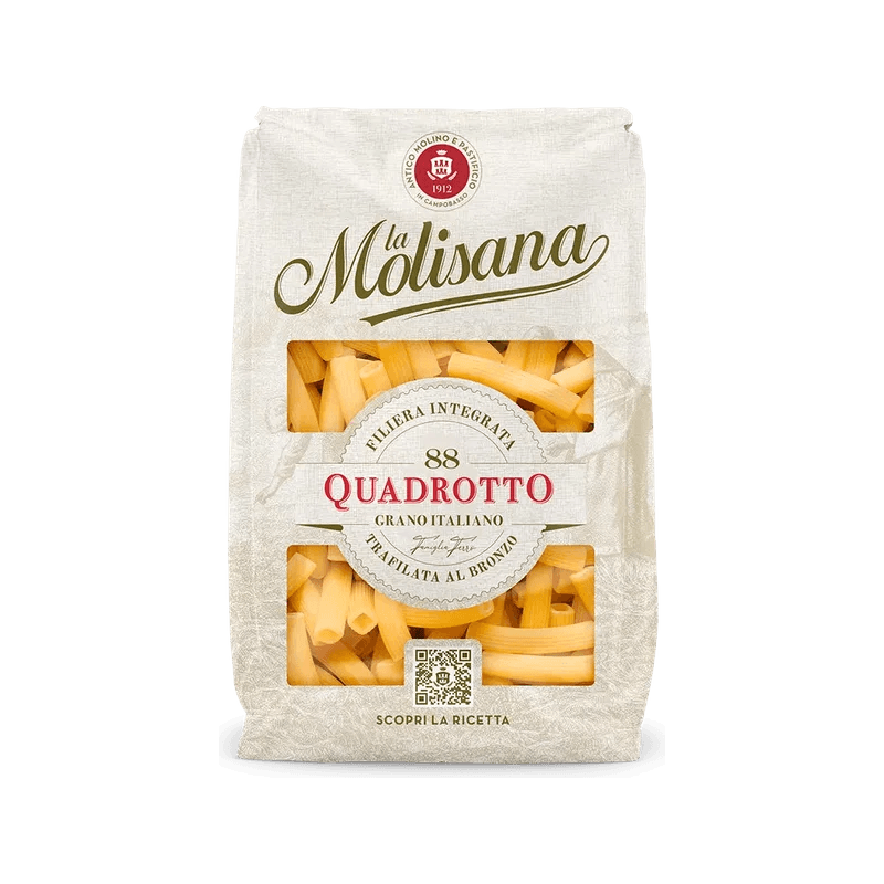 La Molisana Quadrotto N°88 500 g, ivoorkleurig pak met twee vensters op de korte pasta
