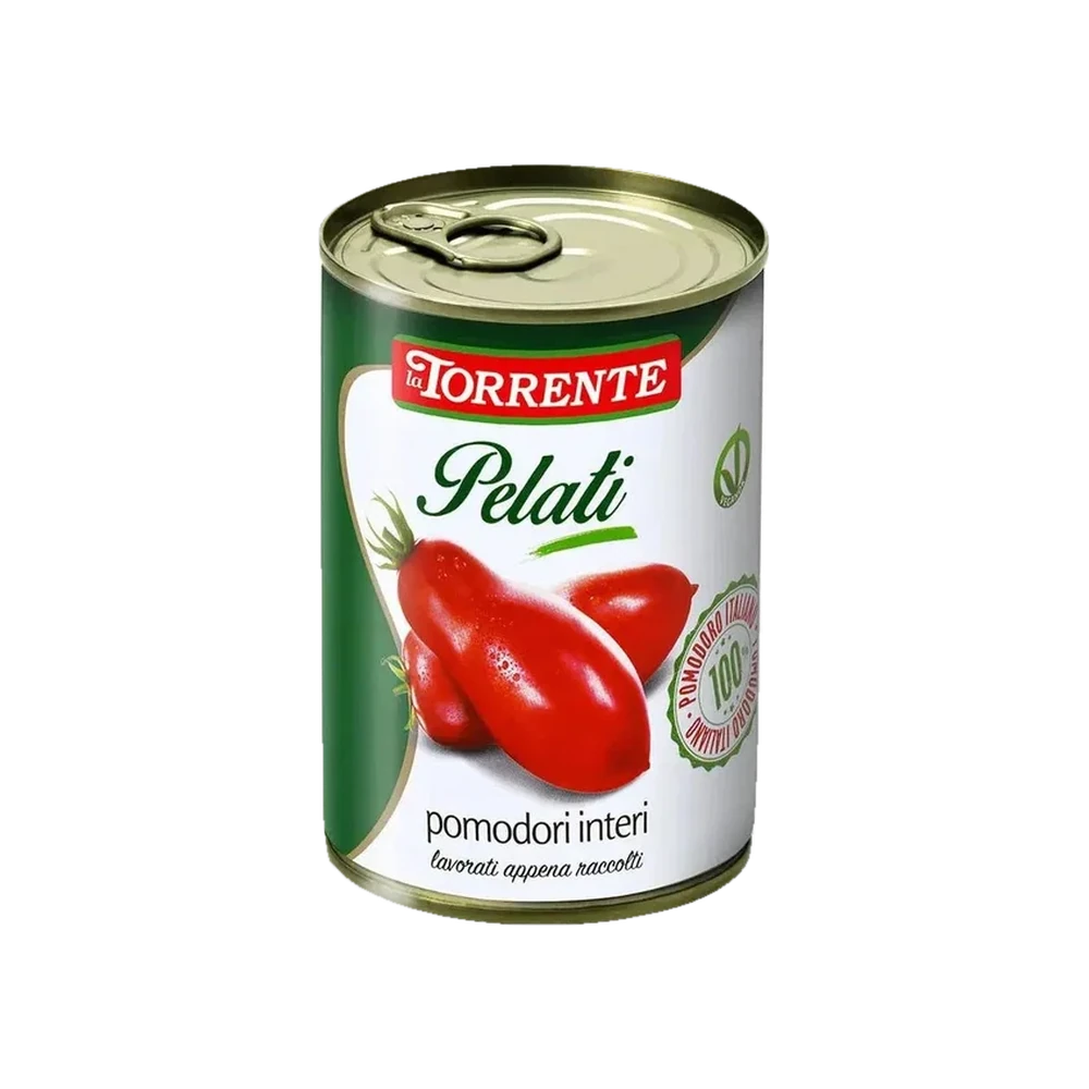 La Torrente Pomodori Pelati Interi 400 g, groen met wit blik met lange tomaten