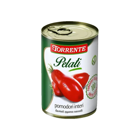 La Torrente Pomodori Pelati Interi 400 g, latta verde e bianca con pomodori lunghi
