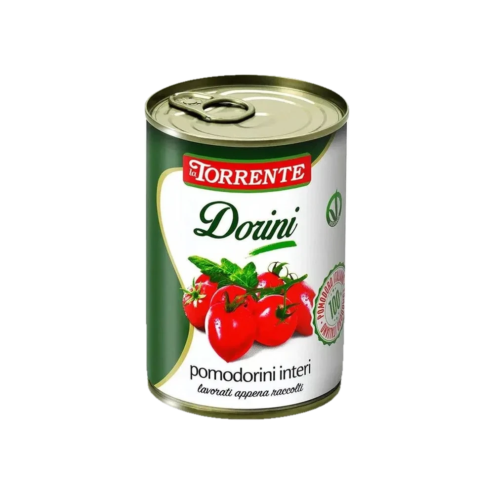La Torrente Pomodorini Interi Dorini 400 g, groen met wit blik met trostomaatjes