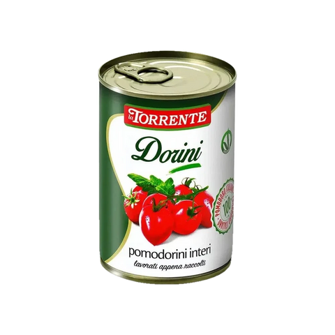 La Torrente Pomodorini Interi Dorini 400 g, latta verde e bianca con pomodorini sul ramo
