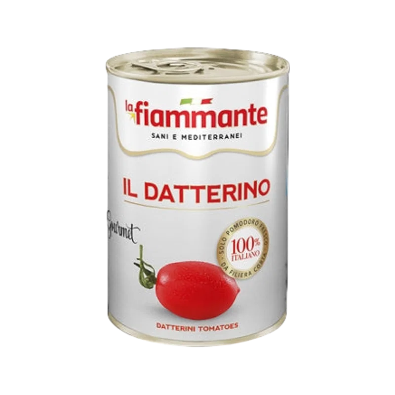 La Fiammante datterini tomaatjes 400 g, wit blik uit de Gourmet lijn met rood dadeltomaatje