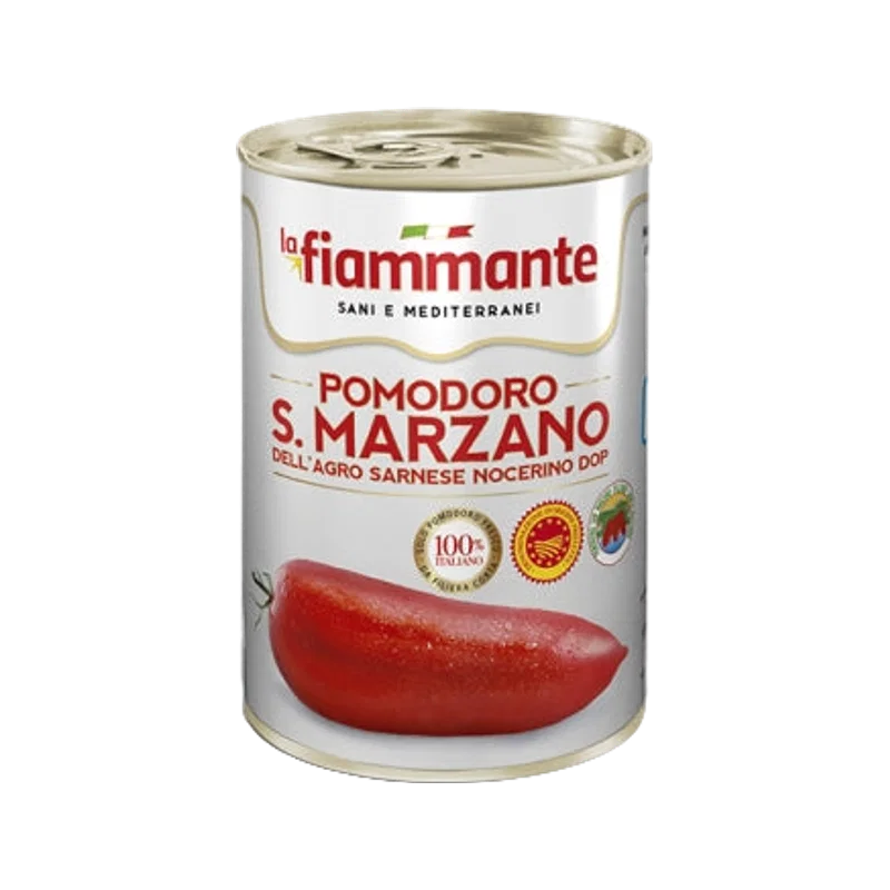 La Fiammante gepelde San Marzano DOP tomaten 400 g, wit blik met DOP keurmerk en logo van het Consorzio