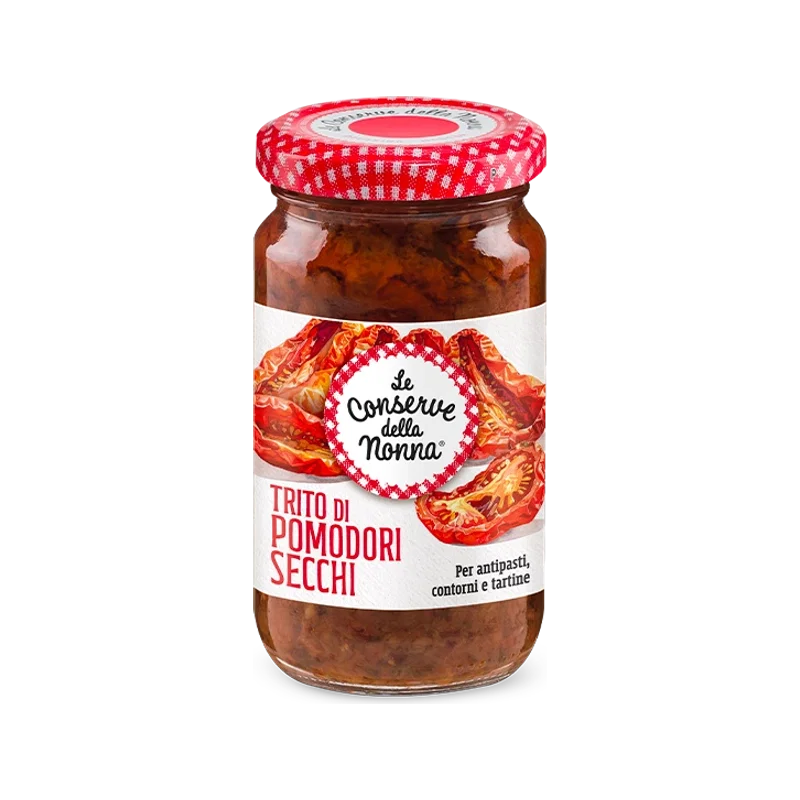 Le Conserve della Nonna Trito di Pomodori Secchi 190 g, vasetto in vetro con pomodori essiccati in etichetta