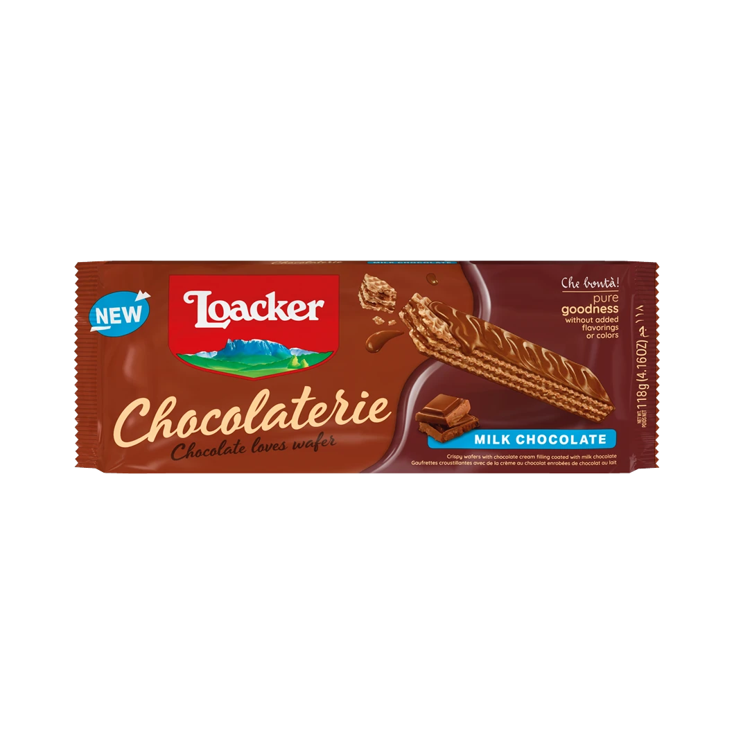 Loacker Chocolaterie Milk Chocolate 118 g, bruine zak met wafel omhuld met melkchocolade