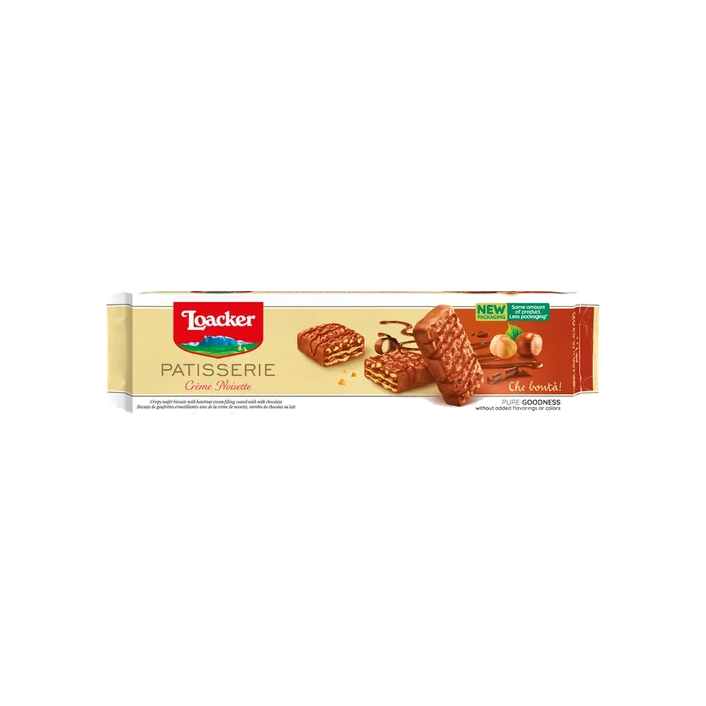 Loacker Patisserie Crème Noisette 100 g, ivoorkleurige verpakking met wafels in melkchocolade