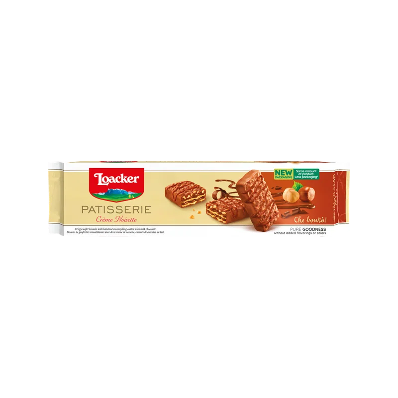 Loacker Patisserie Crème Noisette 100 g, ivoorkleurige verpakking met wafels in melkchocolade