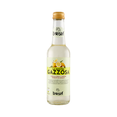 Lurisia Gazzosa 275 ml, bottiglietta di vetro con etichetta verde chiaro e limoni di Amalfi