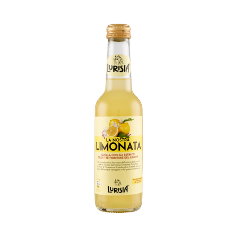 Lurisia Limonata 275 ml, bottiglietta di vetro con etichetta gialla e limoni