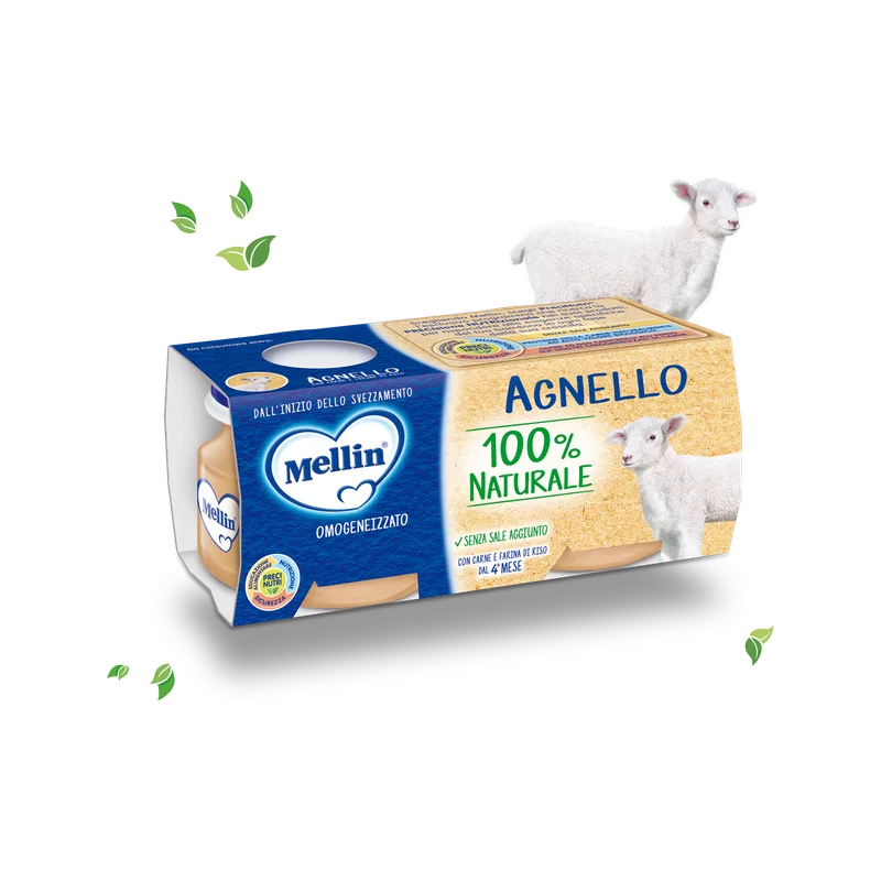 Mellin omogeneizzato lam 2 x 80 g, blauw met ivoorkleurig doosje met twee potjes en de afbeelding van een lammetje