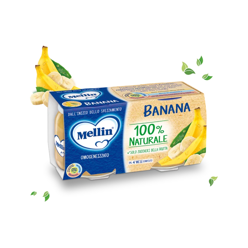 Mellin Omogeneizzato Banaan 4 maanden 2 x 100 g, blauwe doos met bananen en twee glazen potjes