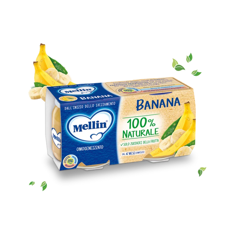 Mellin Omogeneizzato Banana 4 mesi 2 x 100 g, astuccio blu con banane e due vasetti di vetro