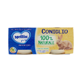 Mellin omogeneizzato konijn 2 x 80 g, blauw met ivoorkleurig doosje met twee potjes en de afbeelding van een konijn