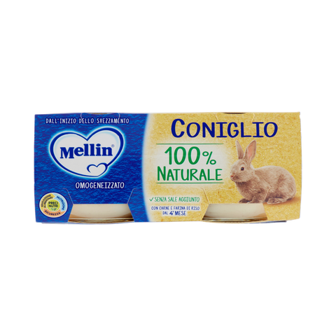 Mellin Omogeneizzato Coniglio 2 x 80 g, confezione blu e avorio con due vasetti e l'immagine di un coniglio