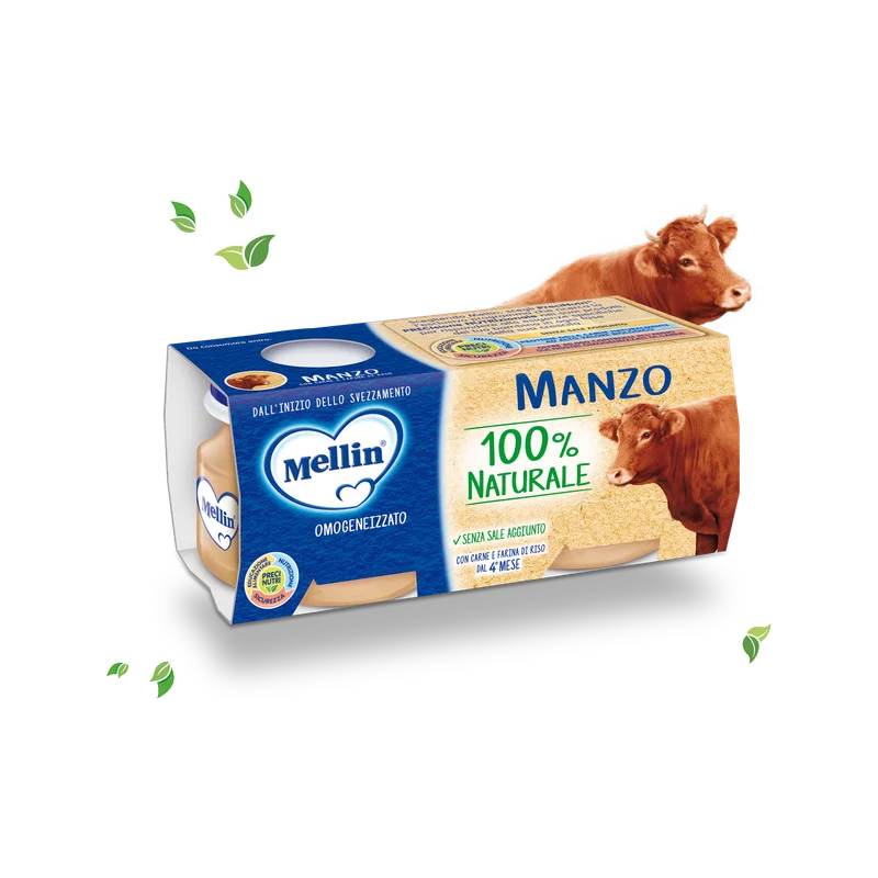 Mellin omogeneizzato rundvlees 2 x 80 g, blauw met ivoorkleurig doosje met twee potjes en de afbeelding van een rund