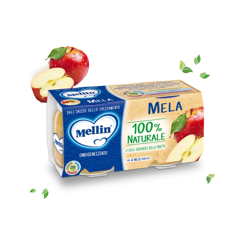 Mellin Omogeneizzato Appel 4 maanden 2 x 100 g, blauwe doos met rode appel en twee glazen potjes