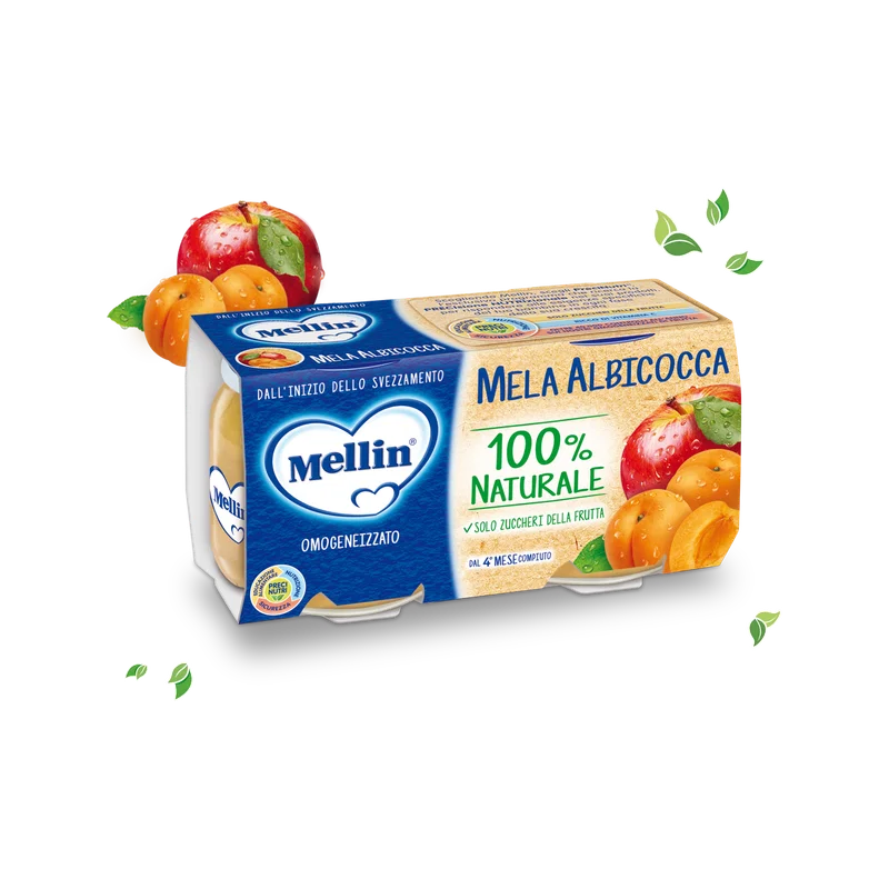 Mellin Omogeneizzato Appel en Abrikoos 4 maanden 2 x 100 g, blauwe doos met appel en abrikozen
