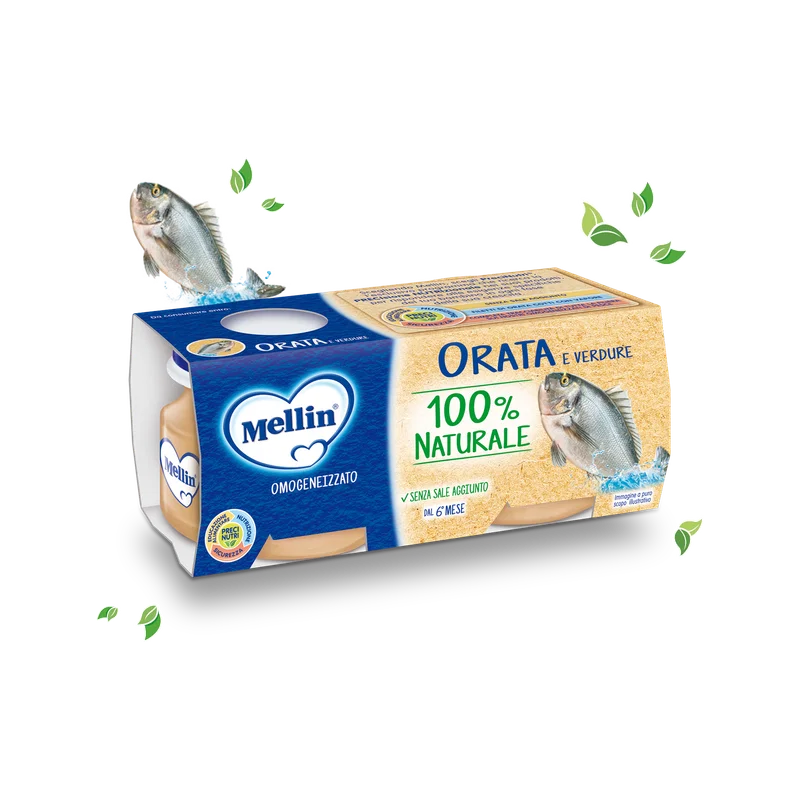 Mellin omogeneizzato dorade en groenten 2 x 80 g, blauw doosje met twee potjes en de afbeelding van een dorade