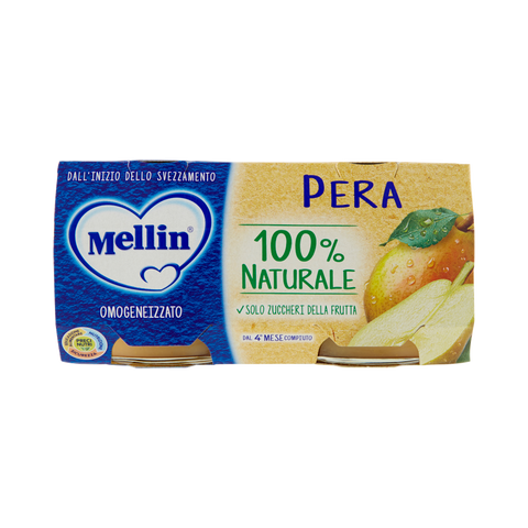 Mellin Omogeneizzato Pera 4 mesi 2 x 100 g, astuccio blu con pera e due vasetti di vetro