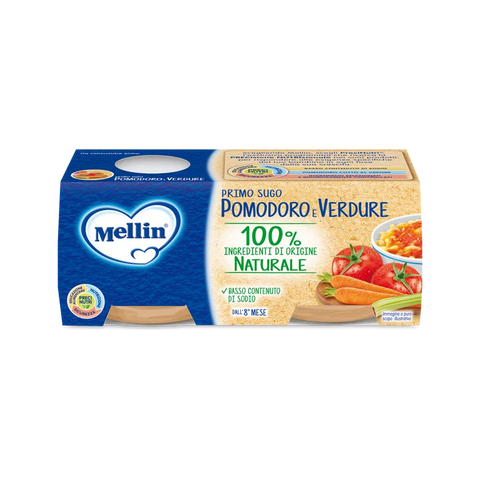Mellin Primo Sugo Pomodoro e Verdure 2 x 80 g, confezione blu con pomodoro, carote e una ciotola di pastina