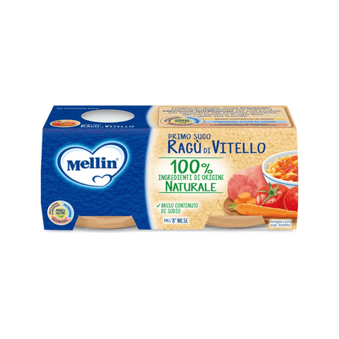 Mellin Primo Sugo Ragù di Vitello 2 x 80 g, confezione blu con carne di vitello, pomodoro e carote
