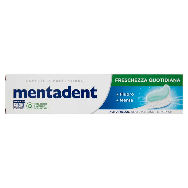 Mentadent tandpasta Freschezza Quotidiana Fluoro e Menta 75 ml, wit met groen doosje met tandenborstel
