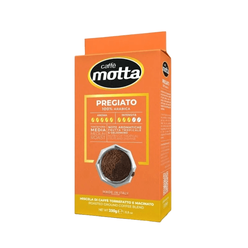 Caffè Motta Il Pregiato 250 g, oranje pak met moka en vermelding 100% Arabica