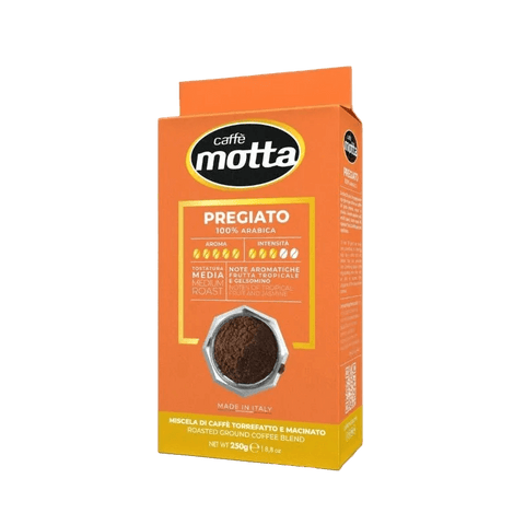 Caffè Motta Il Pregiato 250 g, astuccio arancione con moka e indicazione 100% Arabica