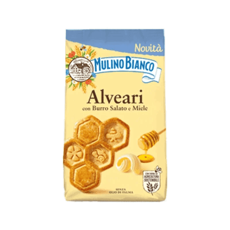 Mulino Bianco Alveari met gezouten boter en honing 300 g, geel zakje met de zeshoekige koekjes in honingraatvorm