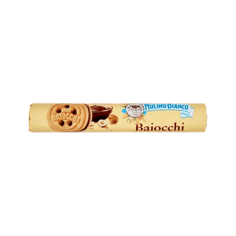 Mulino Bianco Baiocchi alla Nocciola 168 g, tubo giallo con biscotti farciti alla crema di nocciola e cacao
