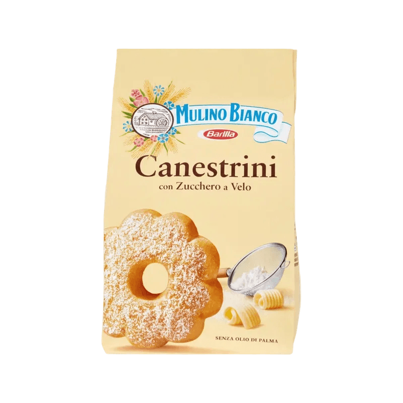 Mulino Bianco Canestrini met poedersuiker 200 g, geel zakje met het bloemvormige koekje bestrooid met poedersuiker