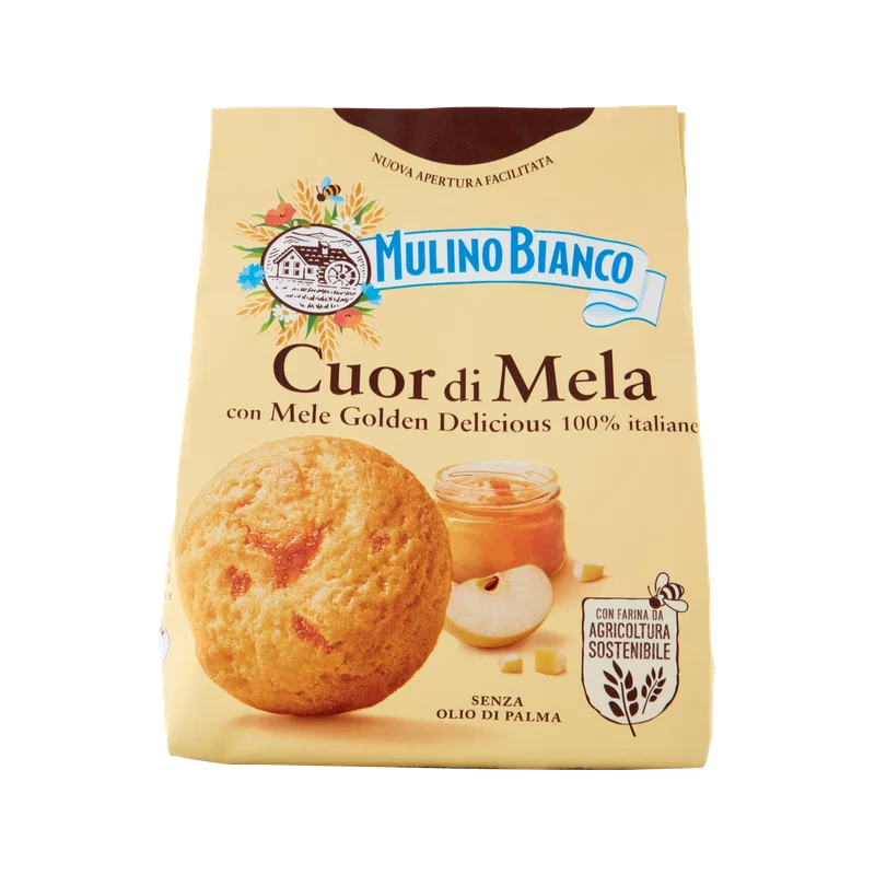 Mulino Bianco Cuor di Mela 300 g, geel zakje met het gevulde koekje en een potje appeljam