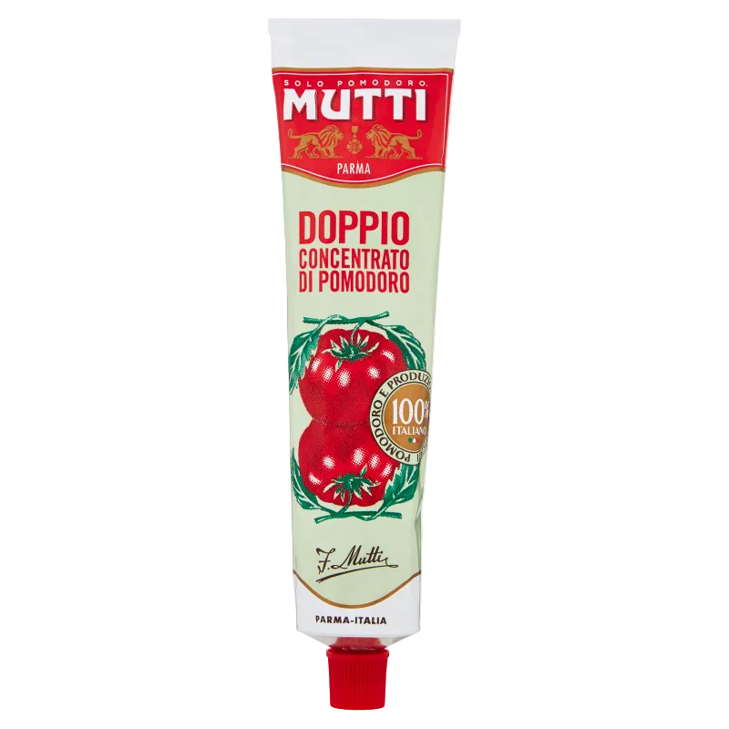 Mutti Doppio Concentrato di Pomodoro 130 g, lichtgroene tube met rode dop en getekende tomaten