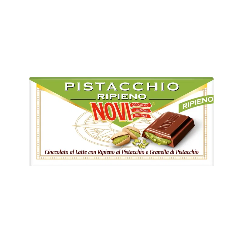 Novi melkchocoladereep met pistachevulling 105 g, groen met witte wikkel en gevuld blokje