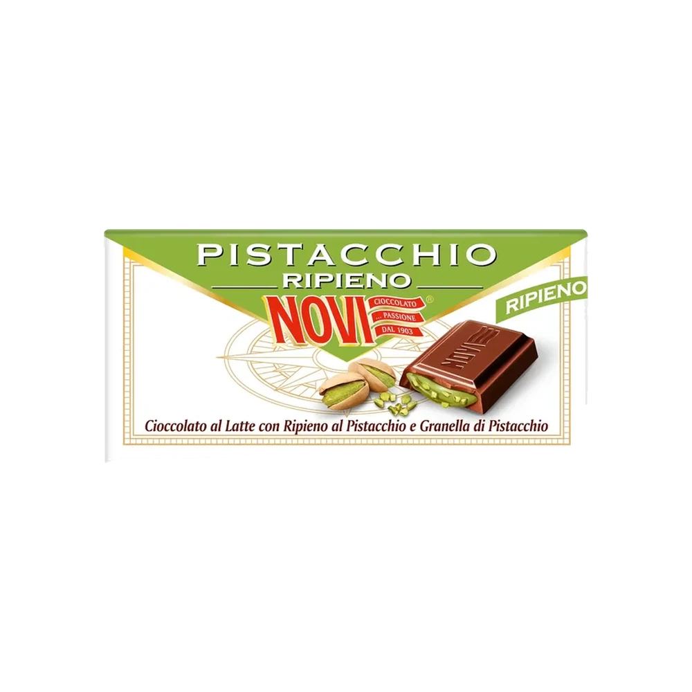 Novi melkchocoladereep met pistachevulling 105 g, groen met witte wikkel en gevuld blokje