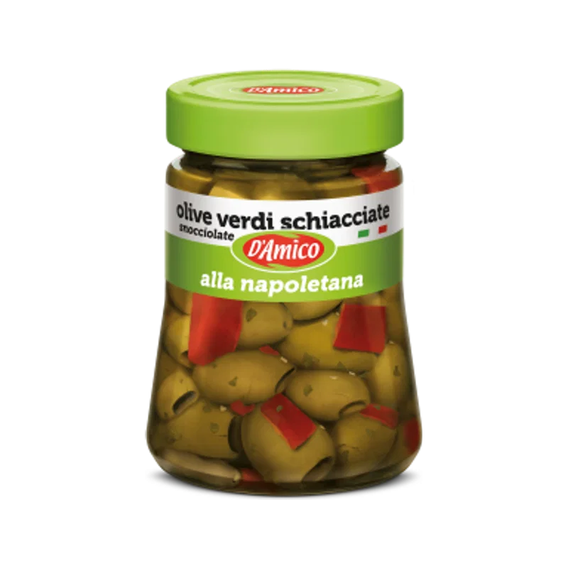 D'Amico Olive Schiacciate alla Napoletana 280 g, glazen pot met geplette olijven en paprika