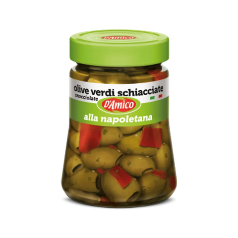 D'Amico Olive Verdi Schiacciate alla Napoletana 280 g, vaso di vetro con olive e peperoni