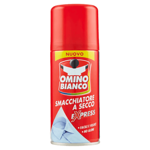 Omino Bianco Smacchiatore a Secco Express 125 ml, bomboletta rossa con camicia azzurra