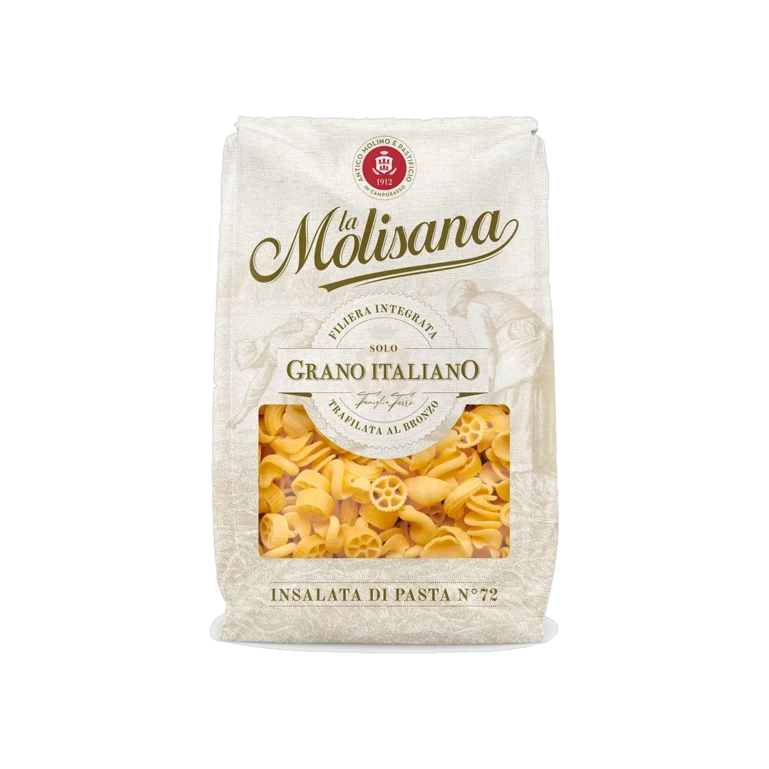 La Molisana Insalata di Pasta N°72 500 g, licht papieren pak met venster op de gemengde pastavormpjes