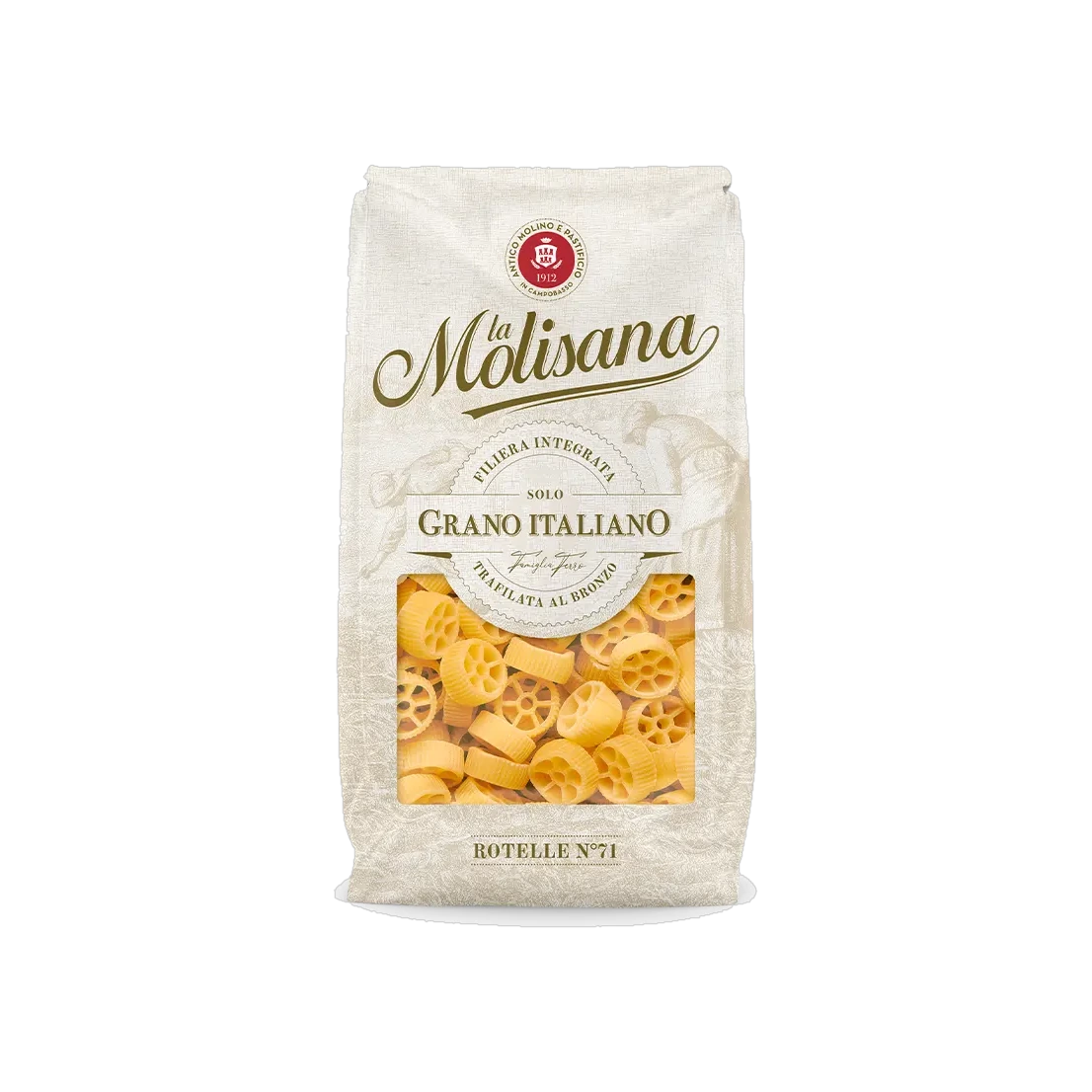 La Molisana Rotelle N°71 500 g, licht papieren pak met venster op de wielvormige pasta