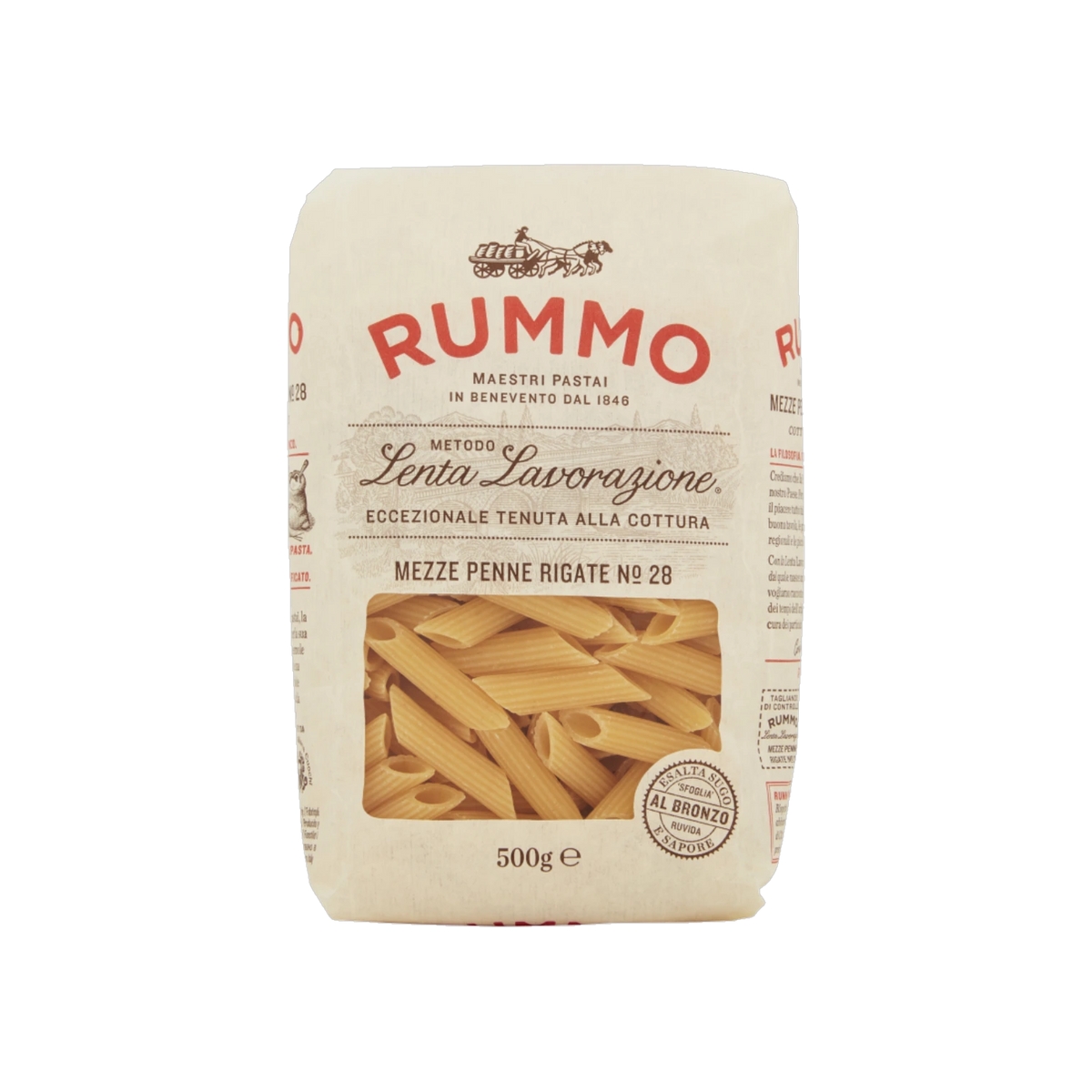 Rummo Mezze Penne Rigate N°28 500 g, witte verpakking met griesmeelpasta