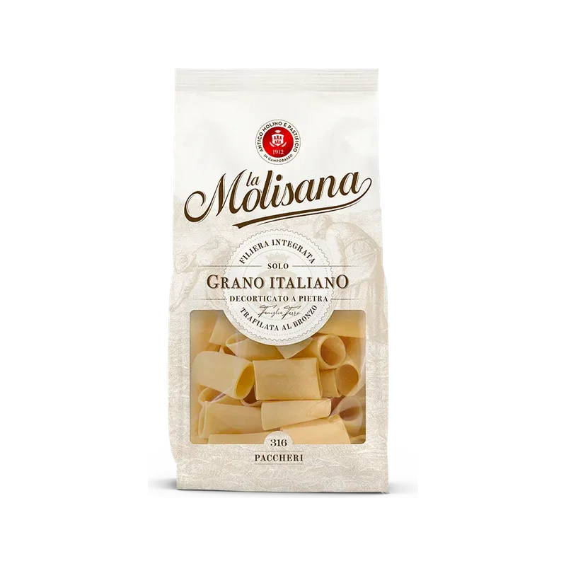 La Molisana Paccheri N°316 500 g, ivoorkleurig pak met venster op de brede pastabuizen
