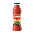 Mutti Passata di Pomodoro al Basilico 700 g, glazen fles met groene dop en basilicumblad op het etiket