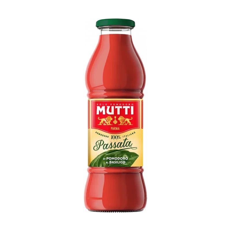 Mutti Passata di Pomodoro al Basilico 700 g, glazen fles met groene dop en basilicumblad op het etiket