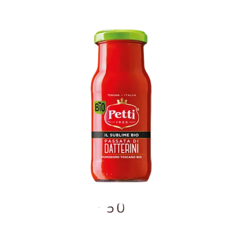 Petti Passata di Datterini Bio Il Sublime 350 g, rode glazen fles met groene dop