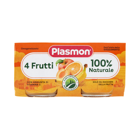 Plasmon Omogeneizzato 4 Frutti 2 x 80 g, astuccio arancione con due vasetti di vetro