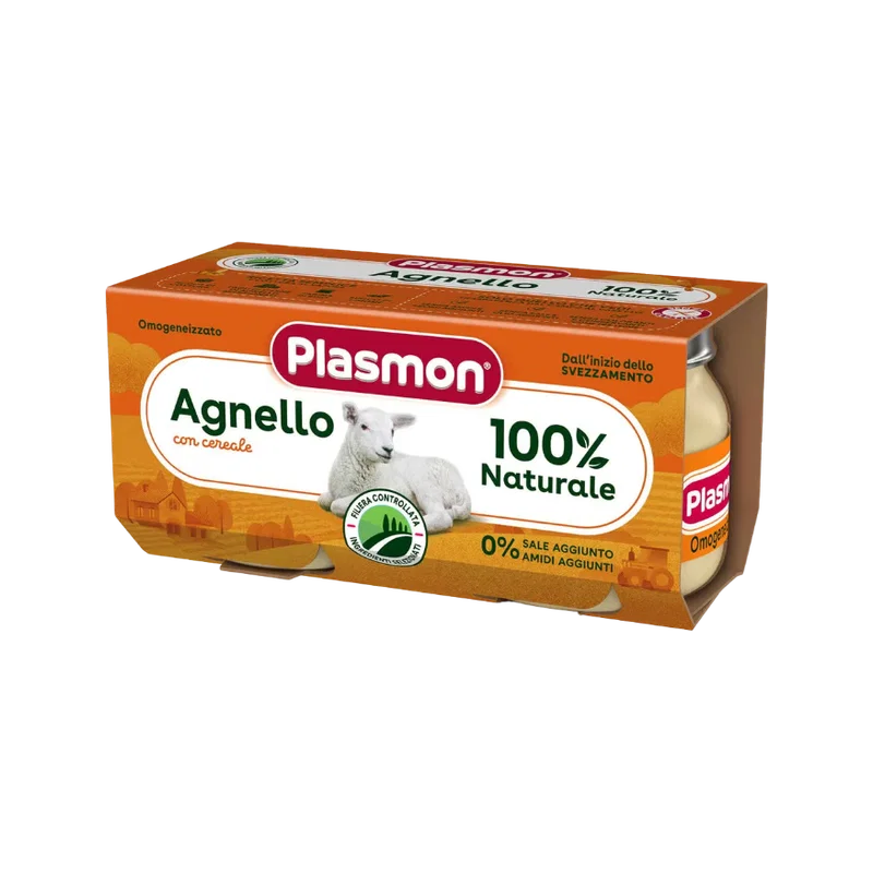 Plasmon Omogeneizzato Agnello 2 x 80 g, oranje doosje met twee glazen potjes