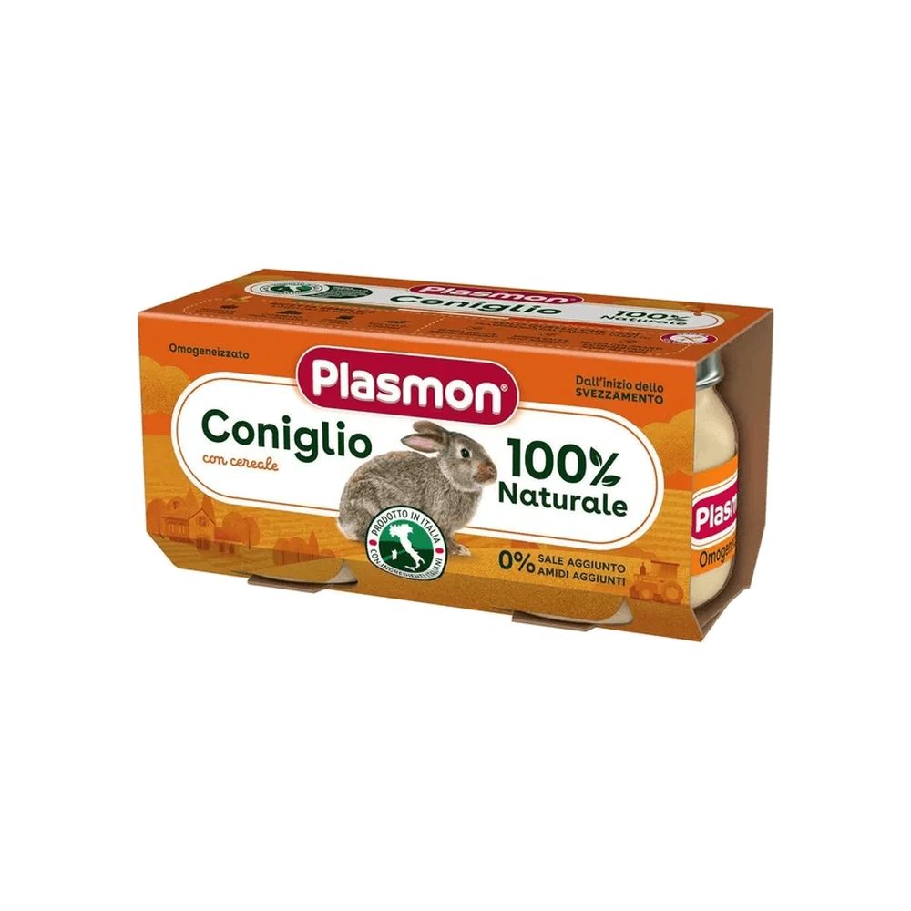 Plasmon Omogeneizzato Coniglio con Cereale 2 x 80 g, astuccio arancione con due vasetti in vetro